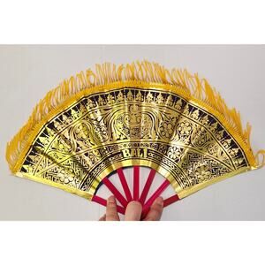 Asian Hand Fan Bali Golden Print on Blue Fabric and Red Wooden Frame